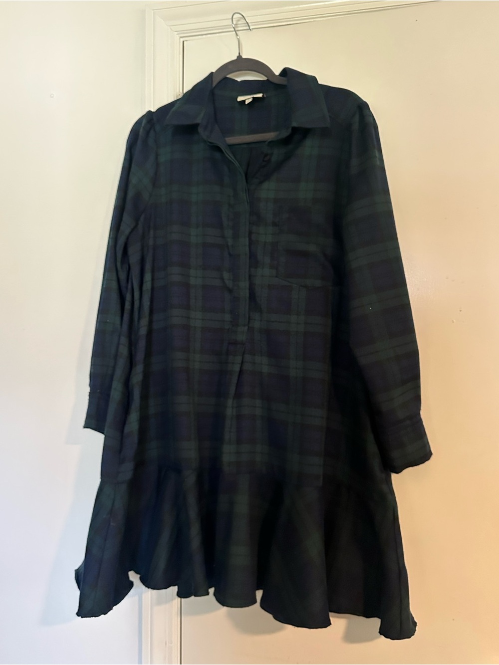 Tuckernuck Blackwatch Plaid Ruffle-Hem Shirt Dress - Navy & Dark Green